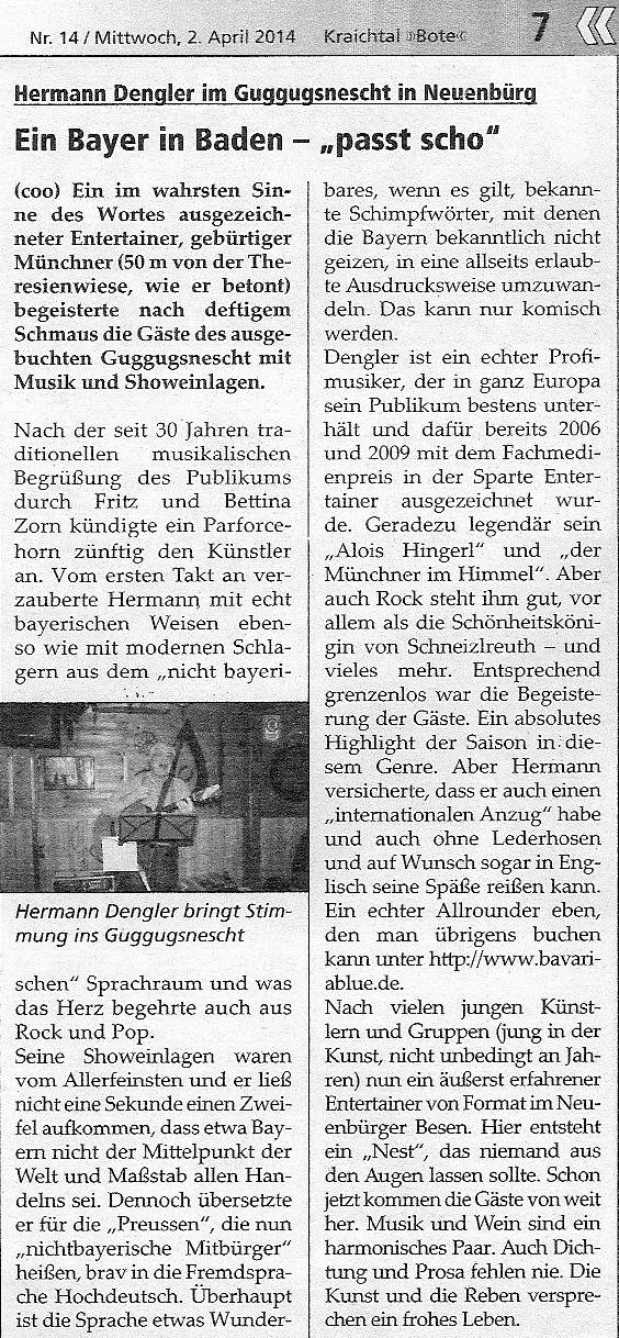 Pressebericht Hermann aus Bayern im Guggugsnescht Besen Neuenbrg