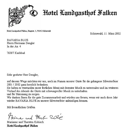 Schreiben Silvester Hotel Falken, Schnwald